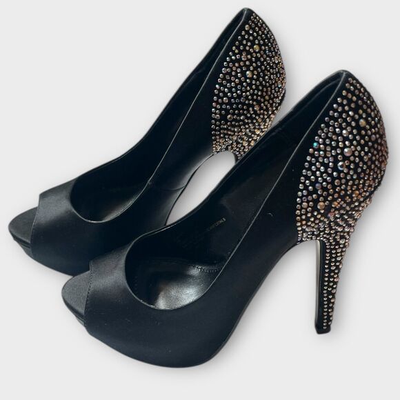 Steve Madden Peep Toe Platform Heels | Black Sz 6 Rhinestone Wedding Guest - Picture 1 of 8
